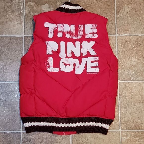 Victorias Secret VS Pink Love Muted Red Zip Puffer Vest Knit Collar Vintage XS S - Picture 5 of 9